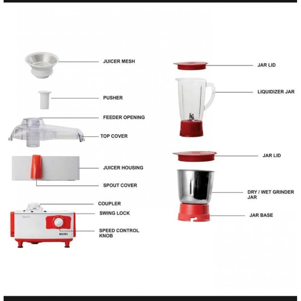Baltra 500w Master Deluxe Juicer Mixer Grinder(White/Red) at